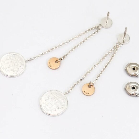 HERMES Ex-Libris Round Drop Stud Earrings Silver 925 & 18k Rose Gold Auth w/Box - Picture 4 of 11